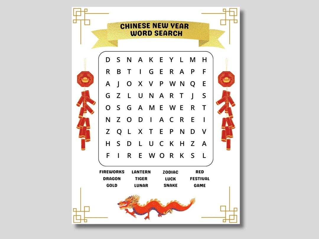 Chinese New Year Word Search Lunar New Year Word Search Chinese New Year Kids Activity Happy Chinese New Year Etsy