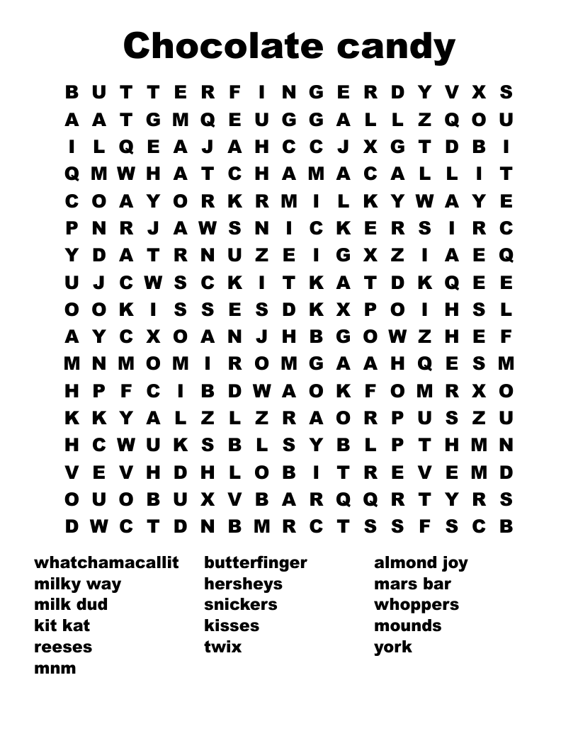 Chocolate Candy Word Search WordMint