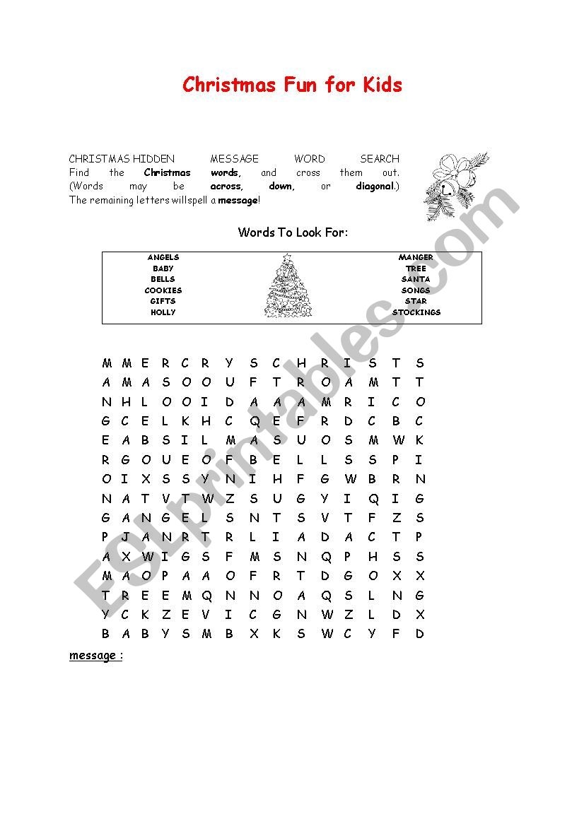 Christmas Wordsearch ESL Worksheet By Cpelaez