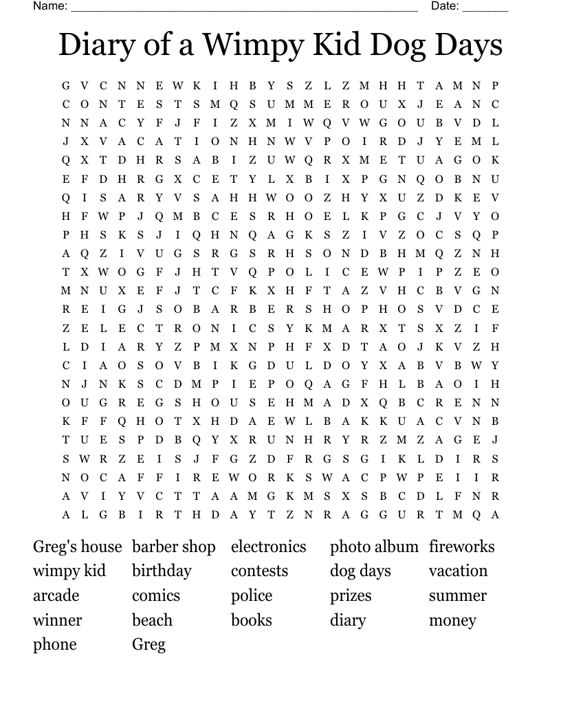 Diary Of A Wimpy Kid Dog Days Word Search WordMint