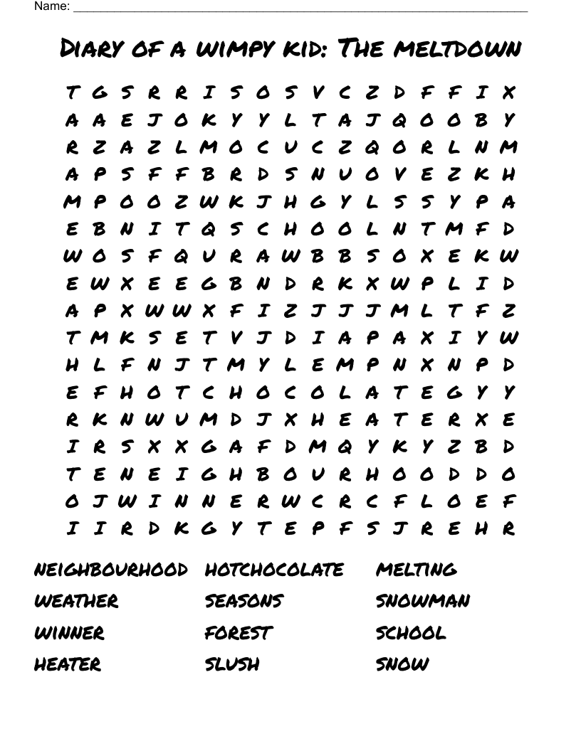 Diary Of A Wimpy Kid The Meltdown Word Search WordMint
