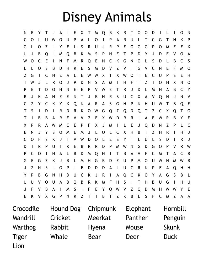 Disney Animals Word Search WordMint