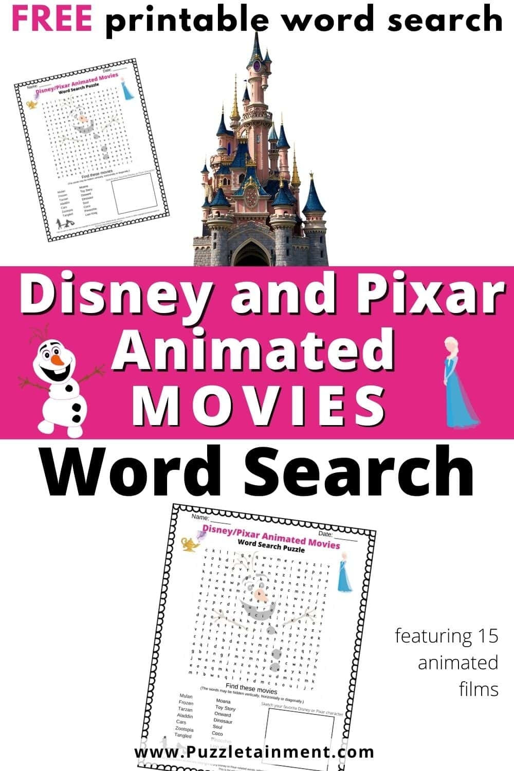 Disney Word Search Animated Movies From Disney Or Pixar 