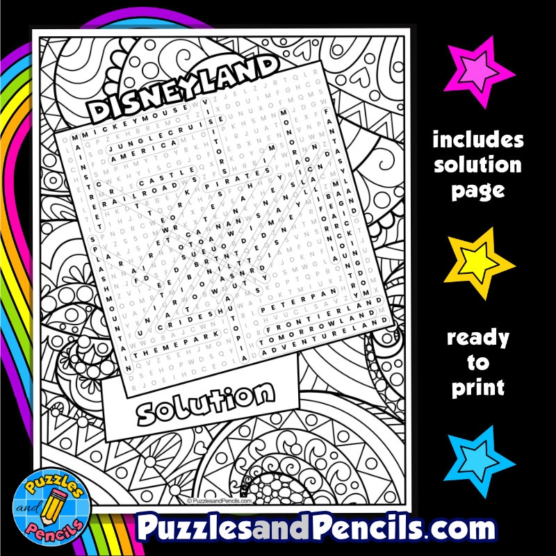 Disneyland Word Search Puzzle With Coloring US Tourist 