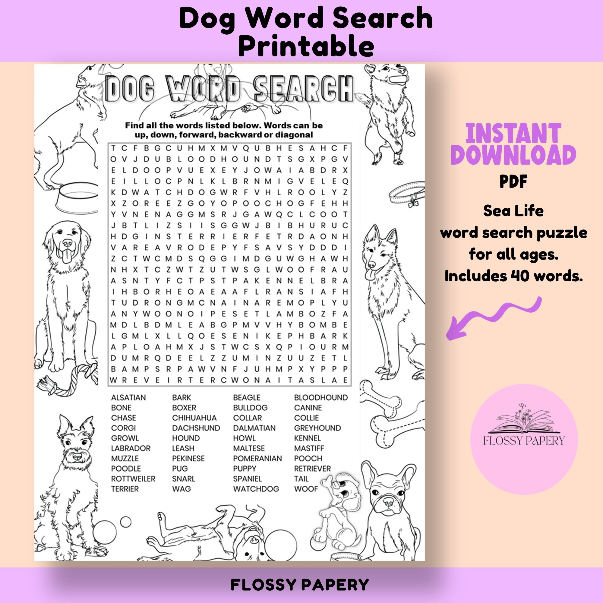 Dog Word Search Etsy