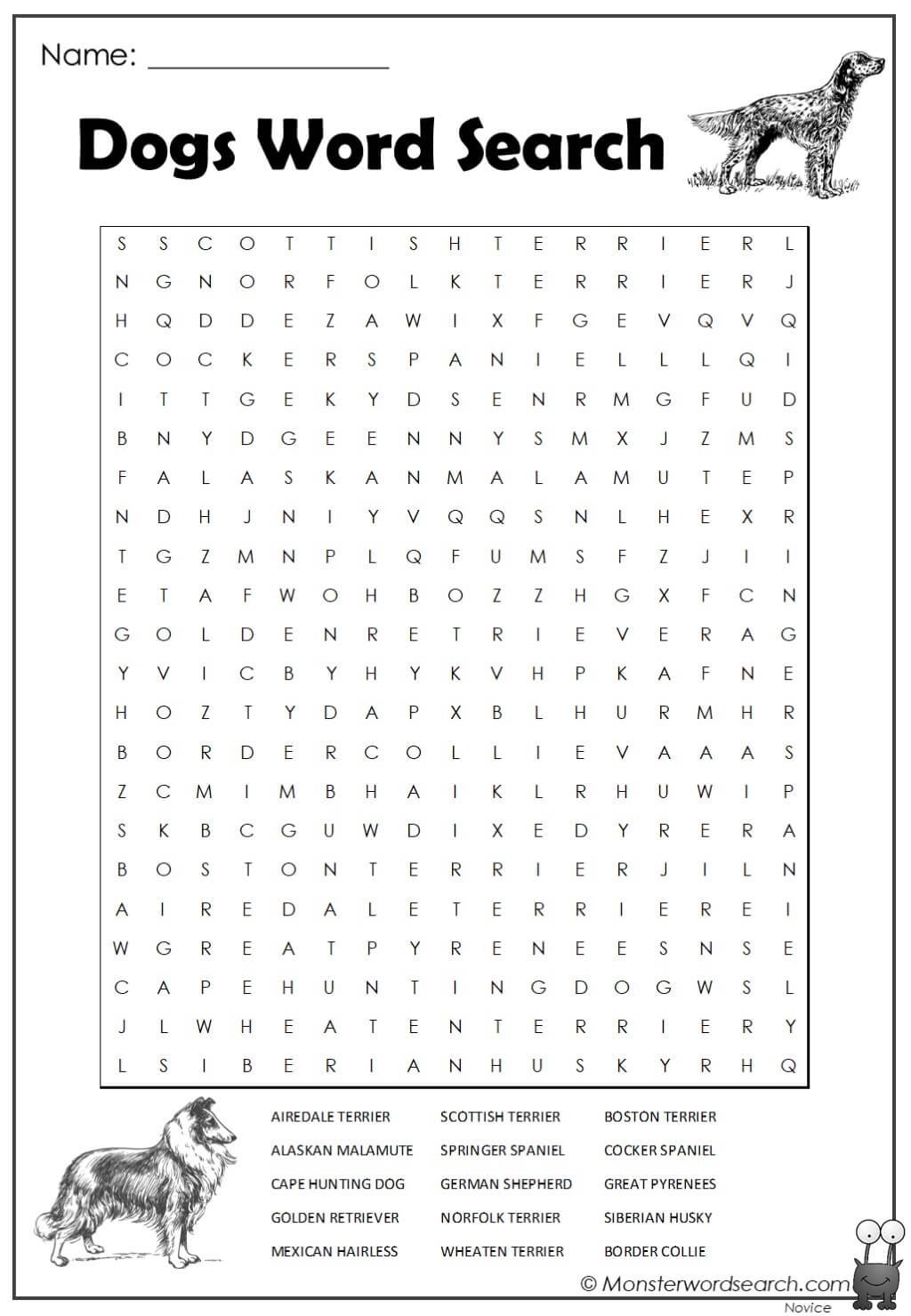 Dogs Word Search Monster Word Search