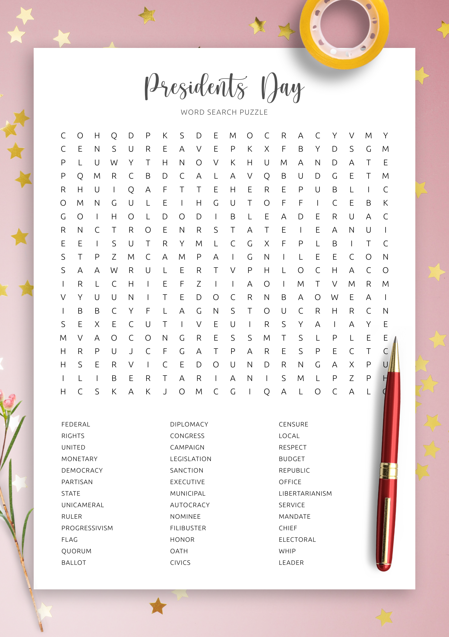 Presidents Day Word Search For Kids