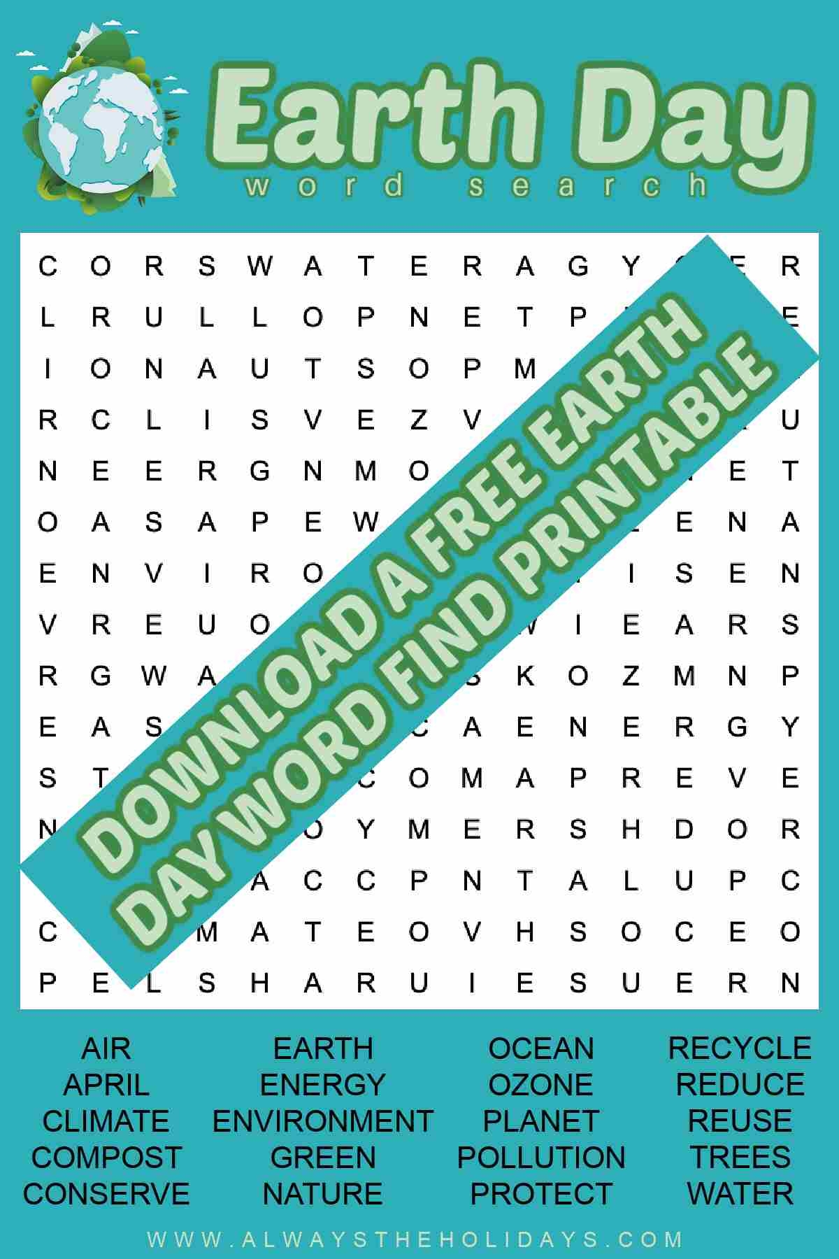 Earth Day Word Find Printable Word Search Answers Included