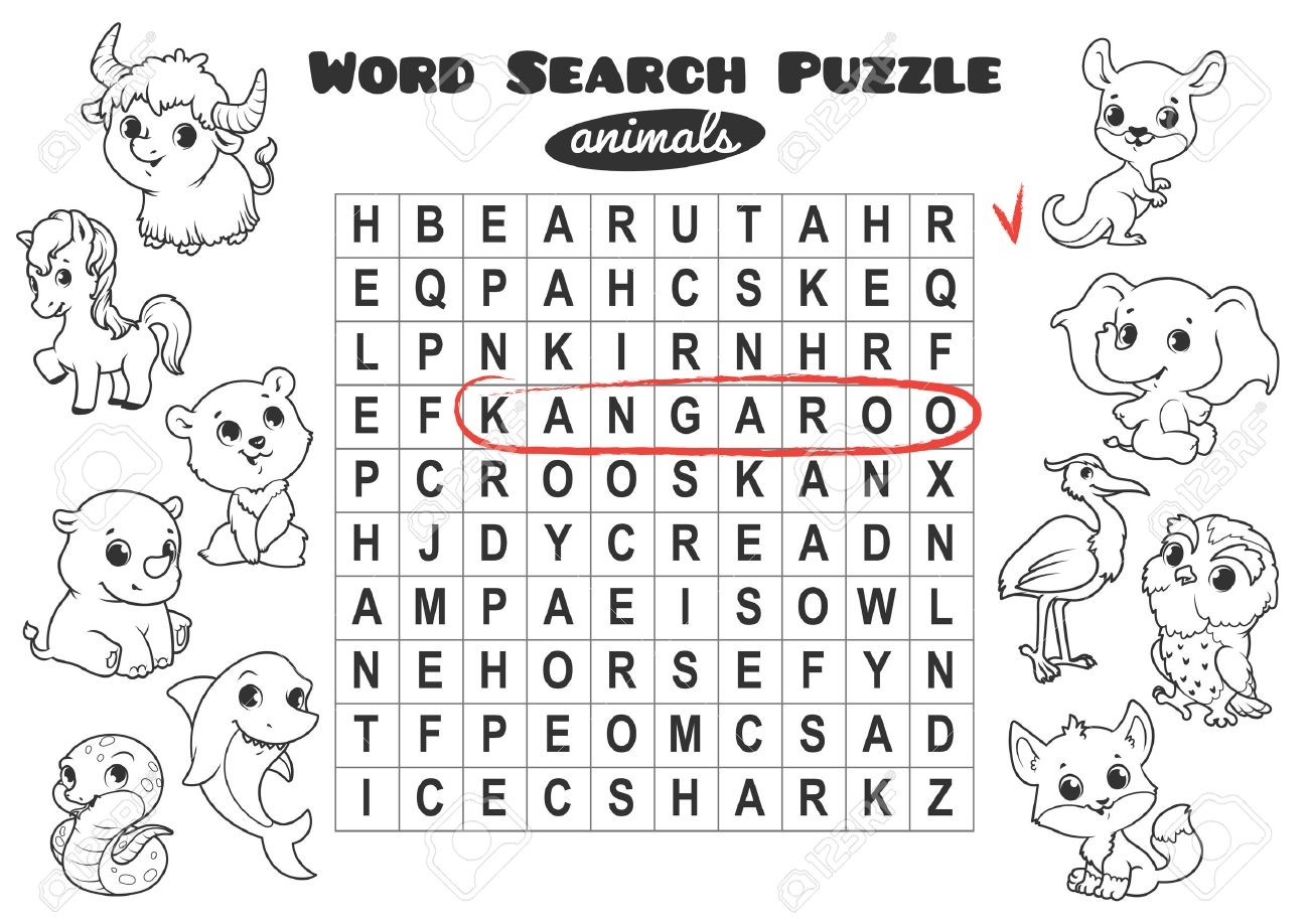 Educational Game For Kids Word Search Word Search Puzzle With Animals Worksheet For Class Or At Home With The Kids A4 Size Horizontal Orientation Royalty Free SVG Cliparts Vectors And Stock Illustration 