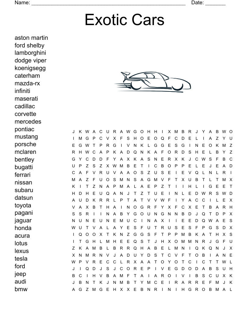 Exotic Cars Word Search WordMint