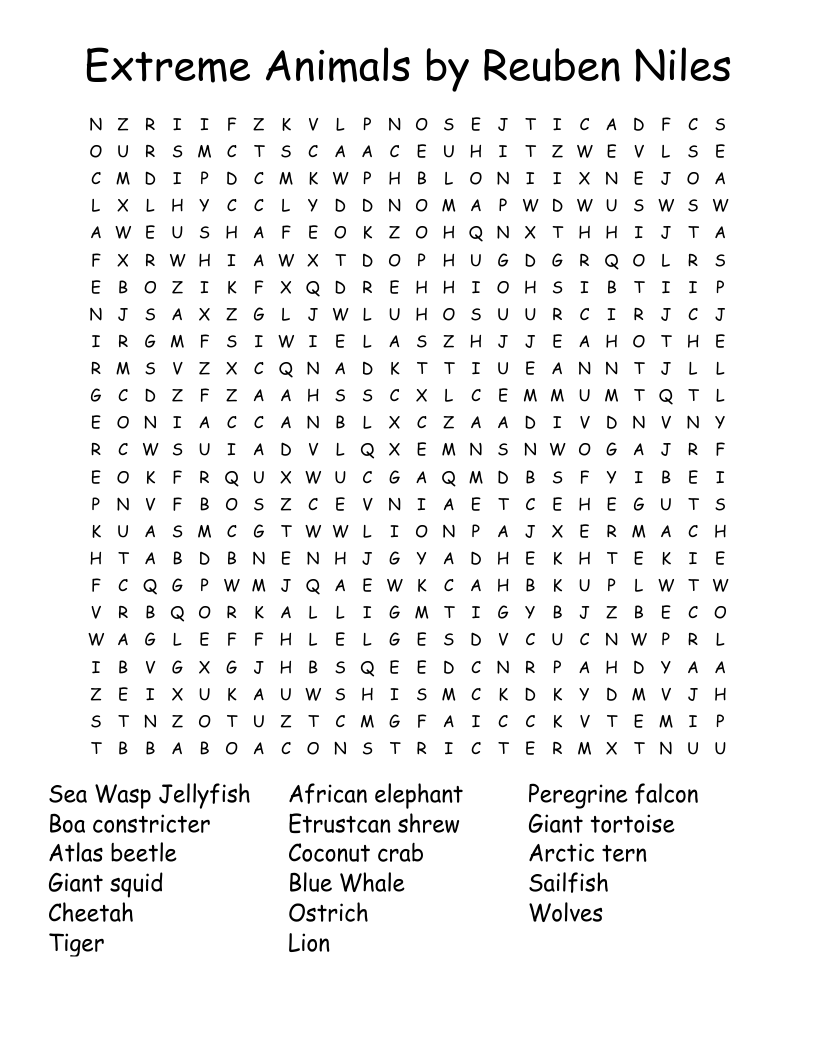 Extreme Animals By Reuben Niles Word Search WordMint Extreme Animals By Reuben Niles Word Search WordMint