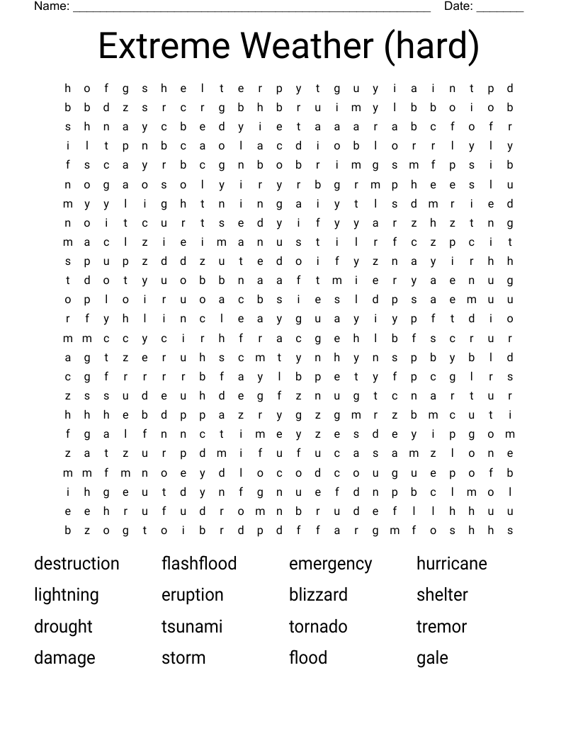 Extreme Weather hard Word Search WordMint Extreme Weather hard Word Search WordMint