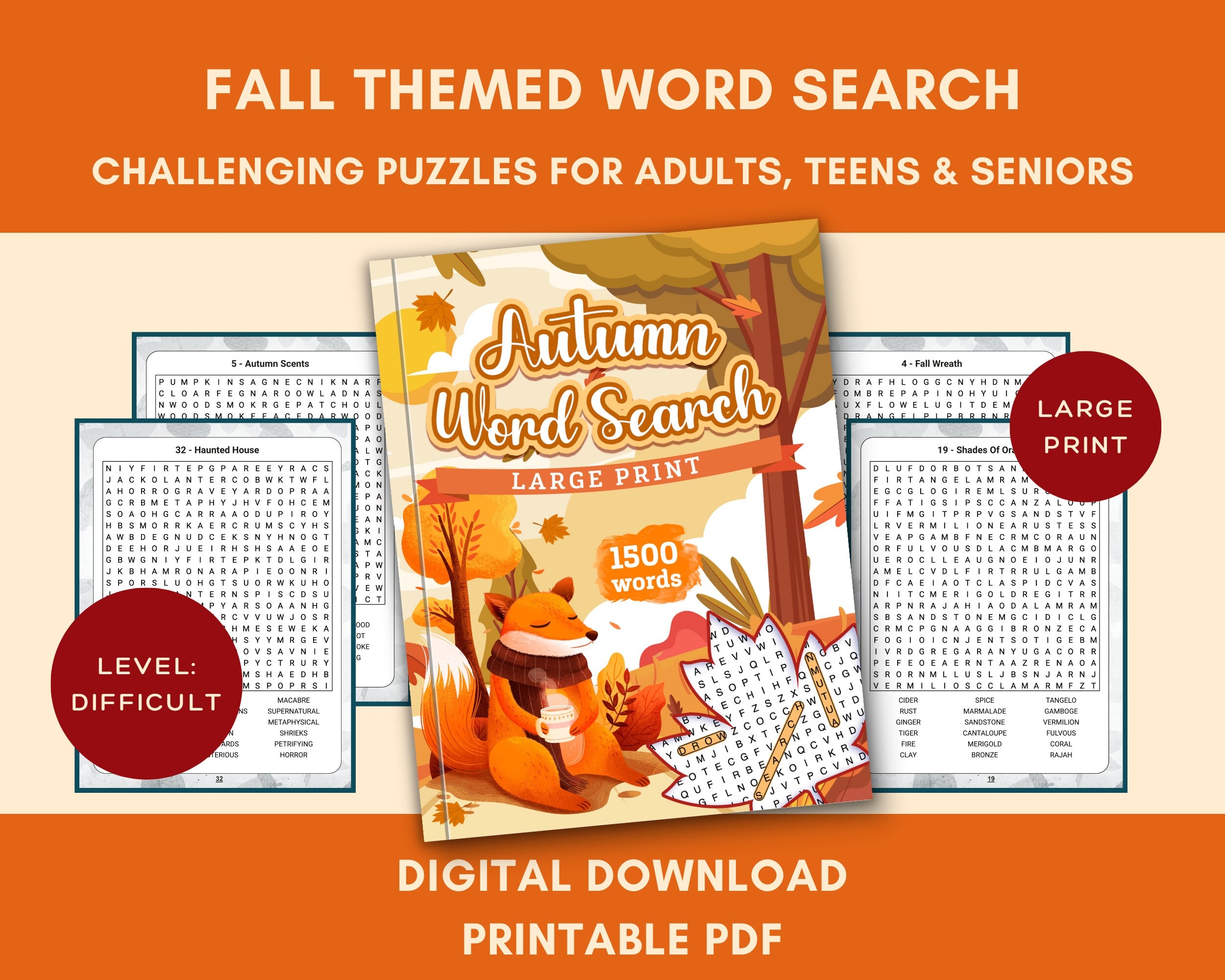 Fall Printable Word Search Hard Difficult Word Searches Printable Adults Large Print Word Search Instant PDF Etsy