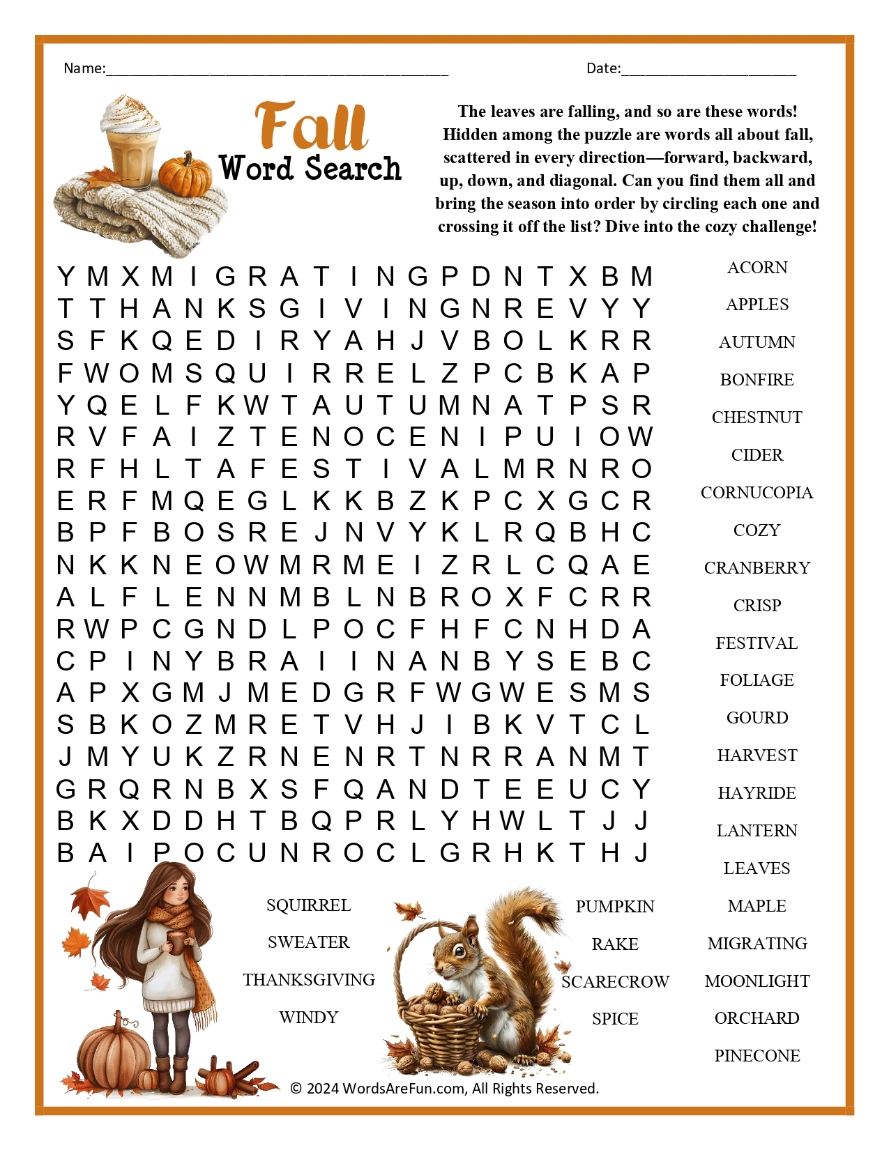 Autumn Word Search Answers