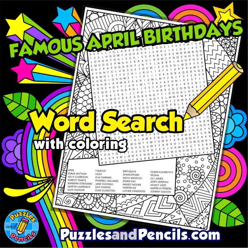 Famous April Birthdays Word Search Puzzle With Coloring Wordsearch Made By Teachers