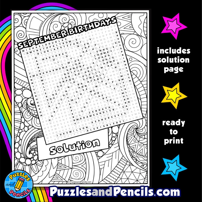 Famous September Birthdays Word Search Puzzle With Coloring September Wordsearch Made By Teachers