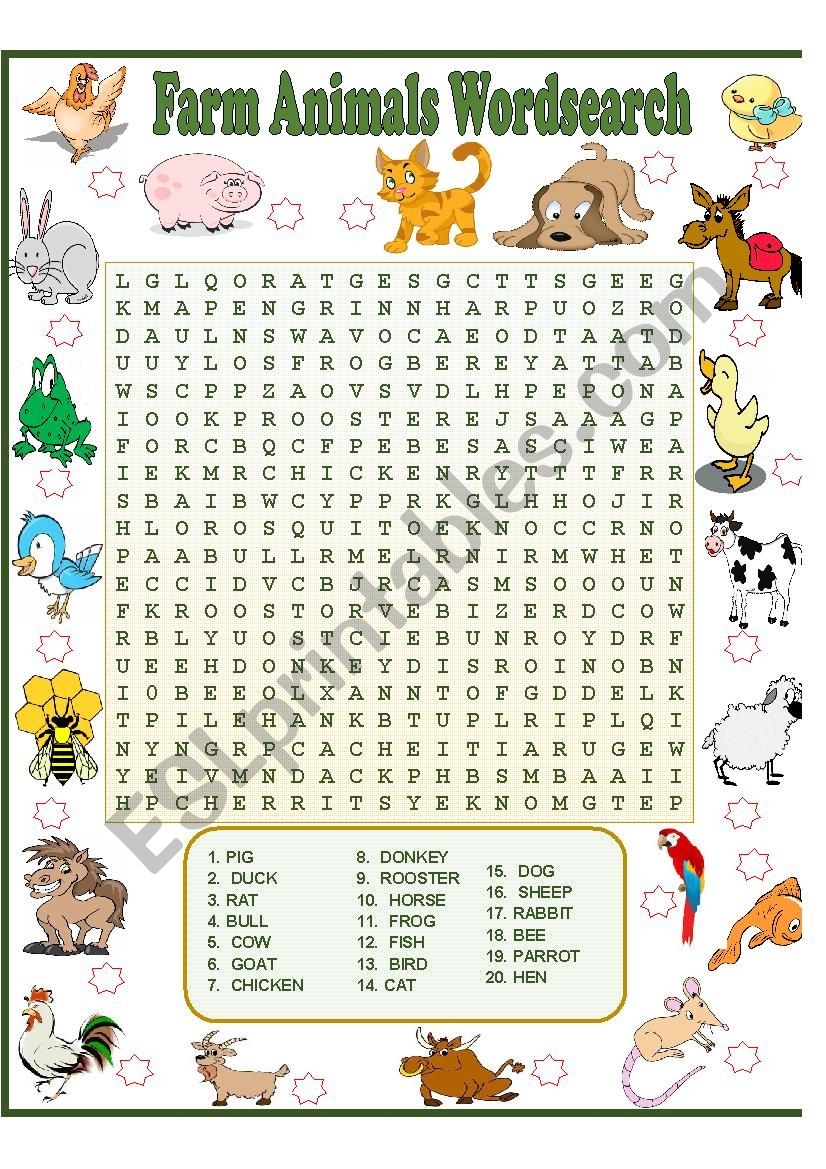 Farm Animals Wordsearch ESL Worksheet By Sumerce
