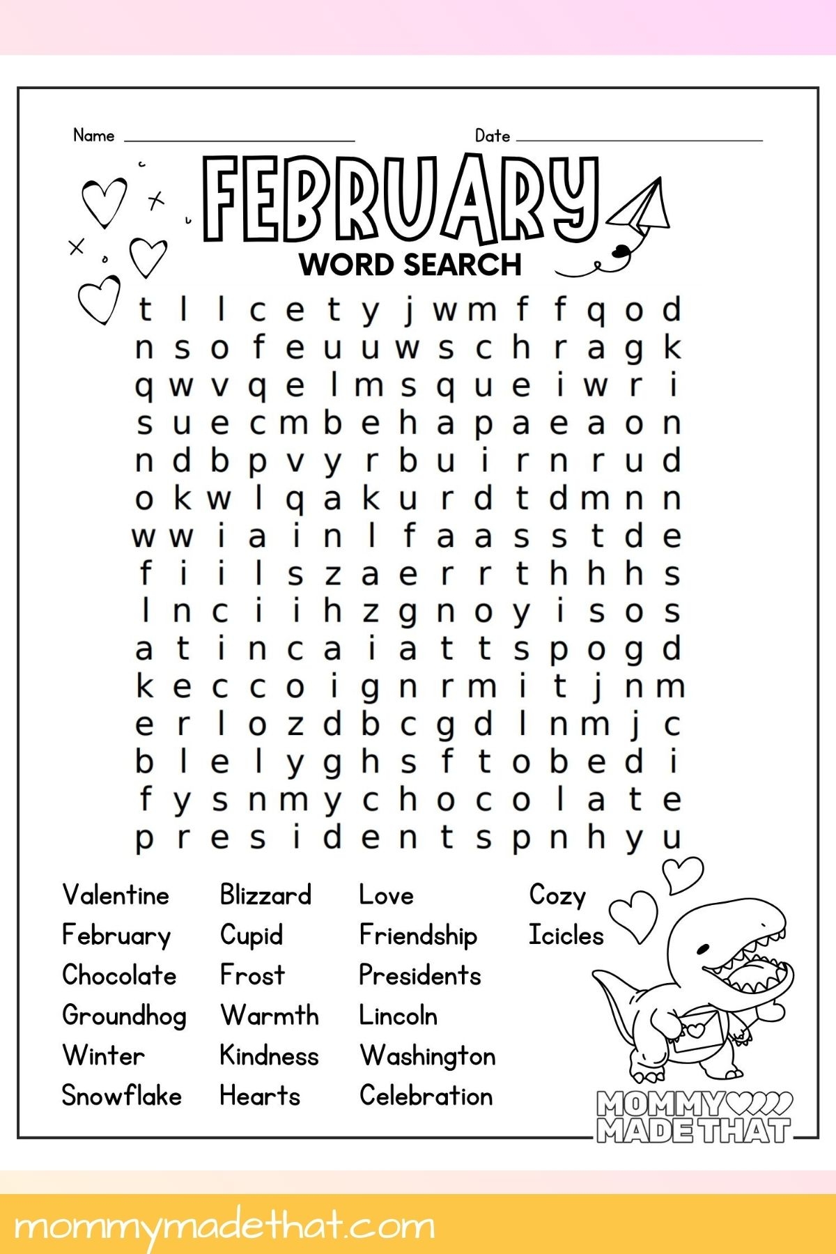 February Word Search Free Printable 