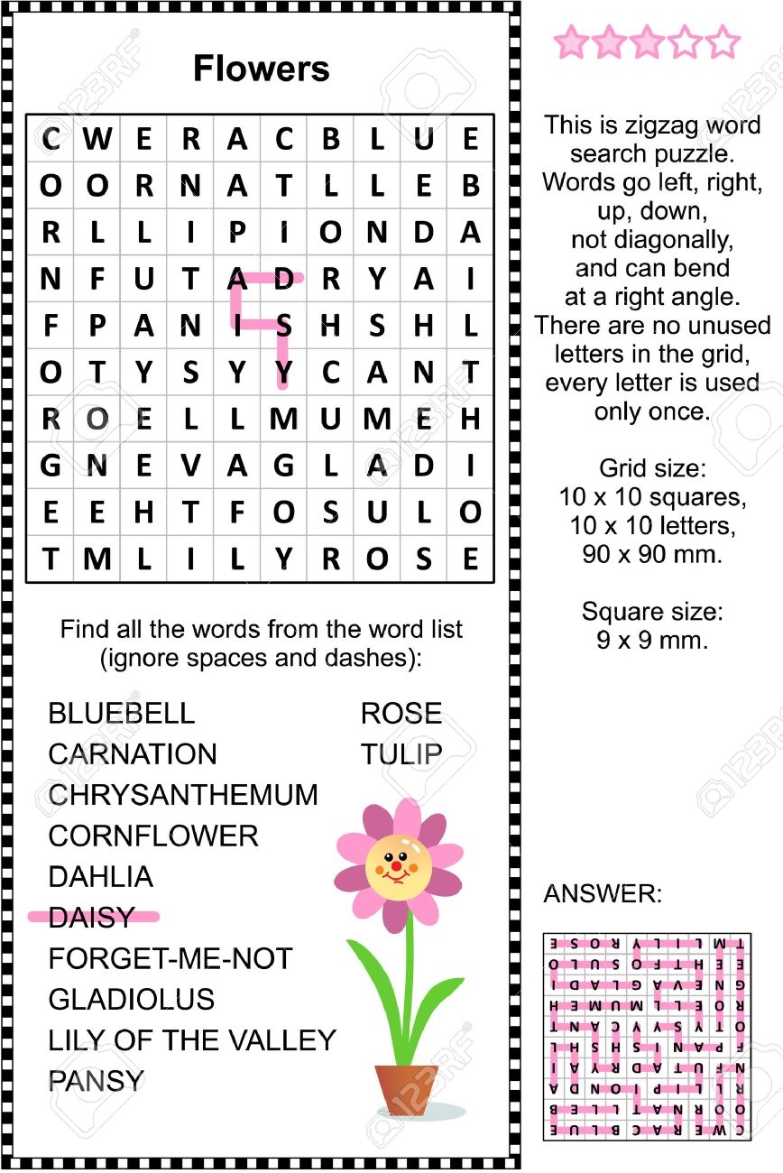 Flowers Themed Zigzag Word Search Puzzle suitable Both For Kids And Adults Answer Included Royalty Free SVG Cliparts Vectors And Stock Illustration Image 38008917 