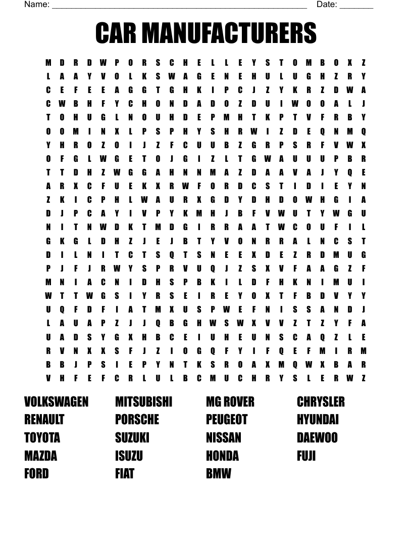 Foreign Car Fun Word Search WordMint