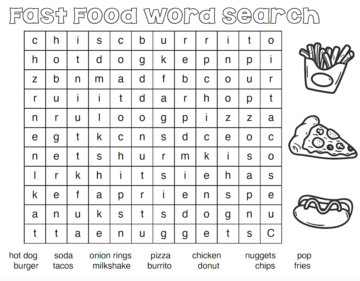 Free Fast Food Word Search Grade Onederful