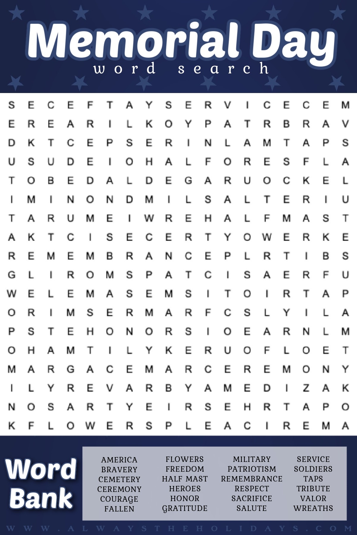 Free Memorial Day Word Search Printable With Answers Included