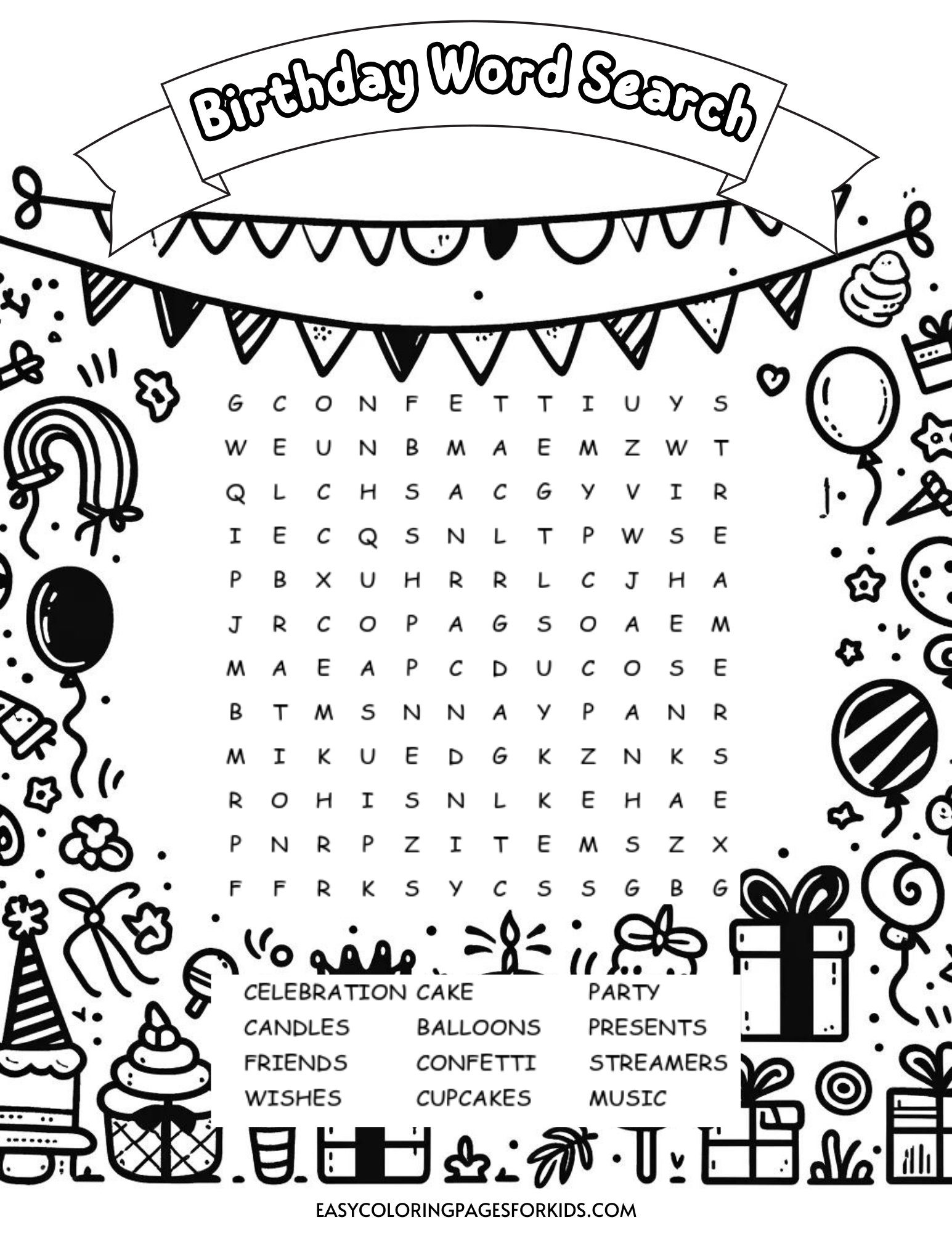 Free Printable Birthday Word Search For Kids Easy Coloring Pages For Kids Free Printable Birthday Word Search For Kids Easy Coloring Pages For Kids