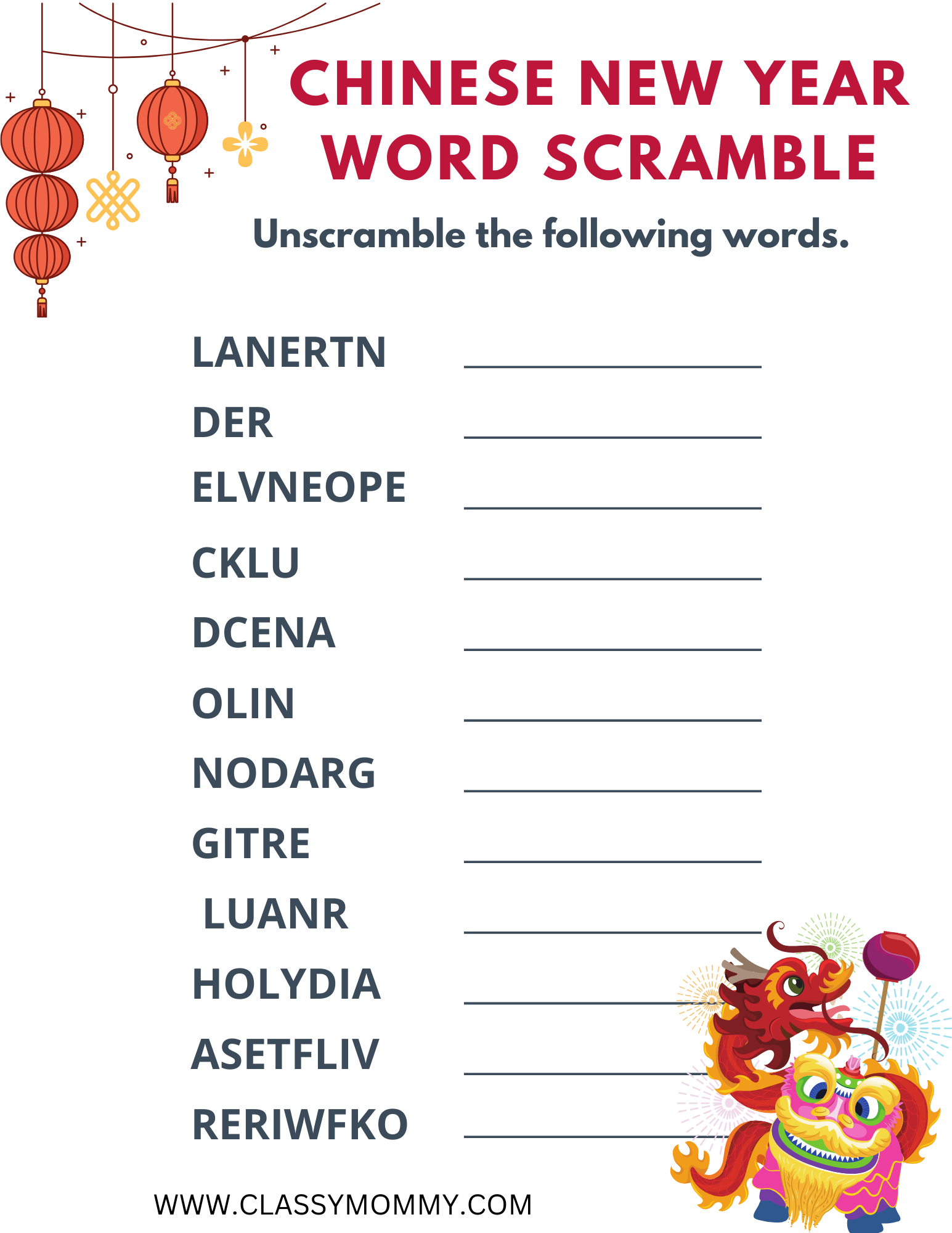 Chinese New Year Word Search Free Printable