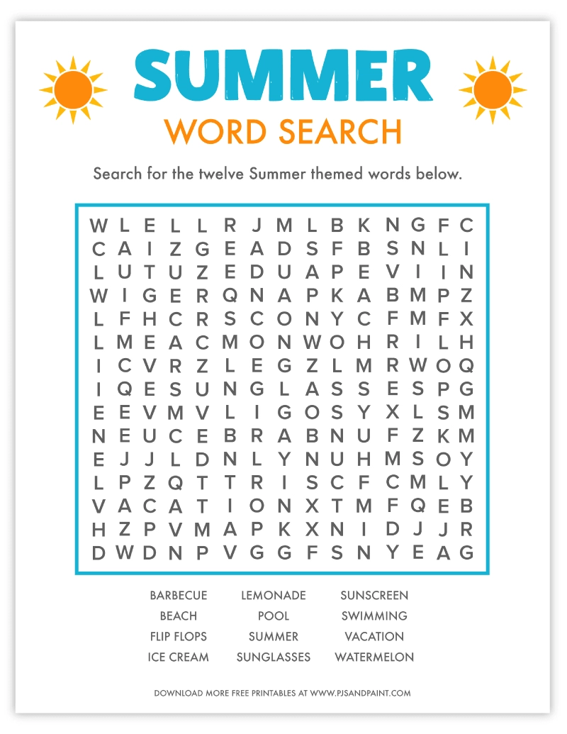 Free Printable Summer Word Search Pjs And Paint Worksheets Library