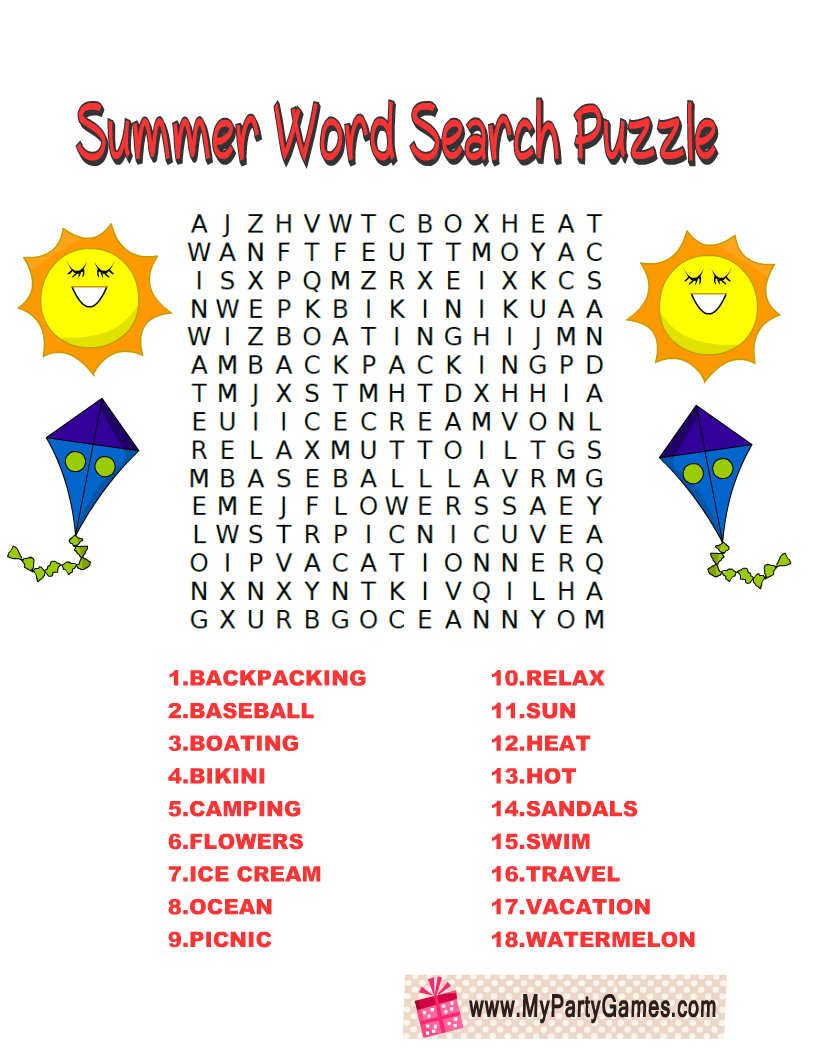 Summer Word Search Printable Puzzles