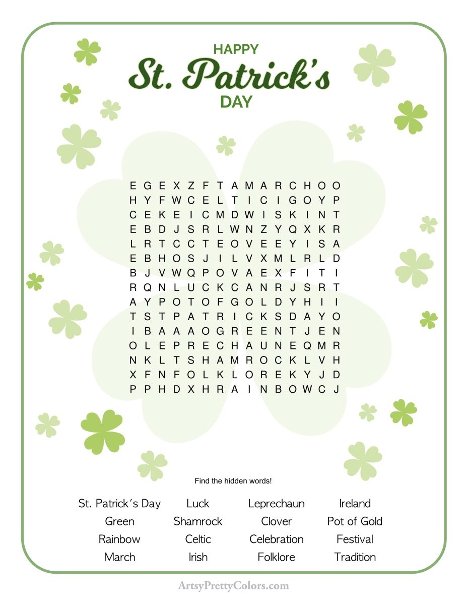 Free St Patrick s Day Word Search Printable Artsy Pretty Colors