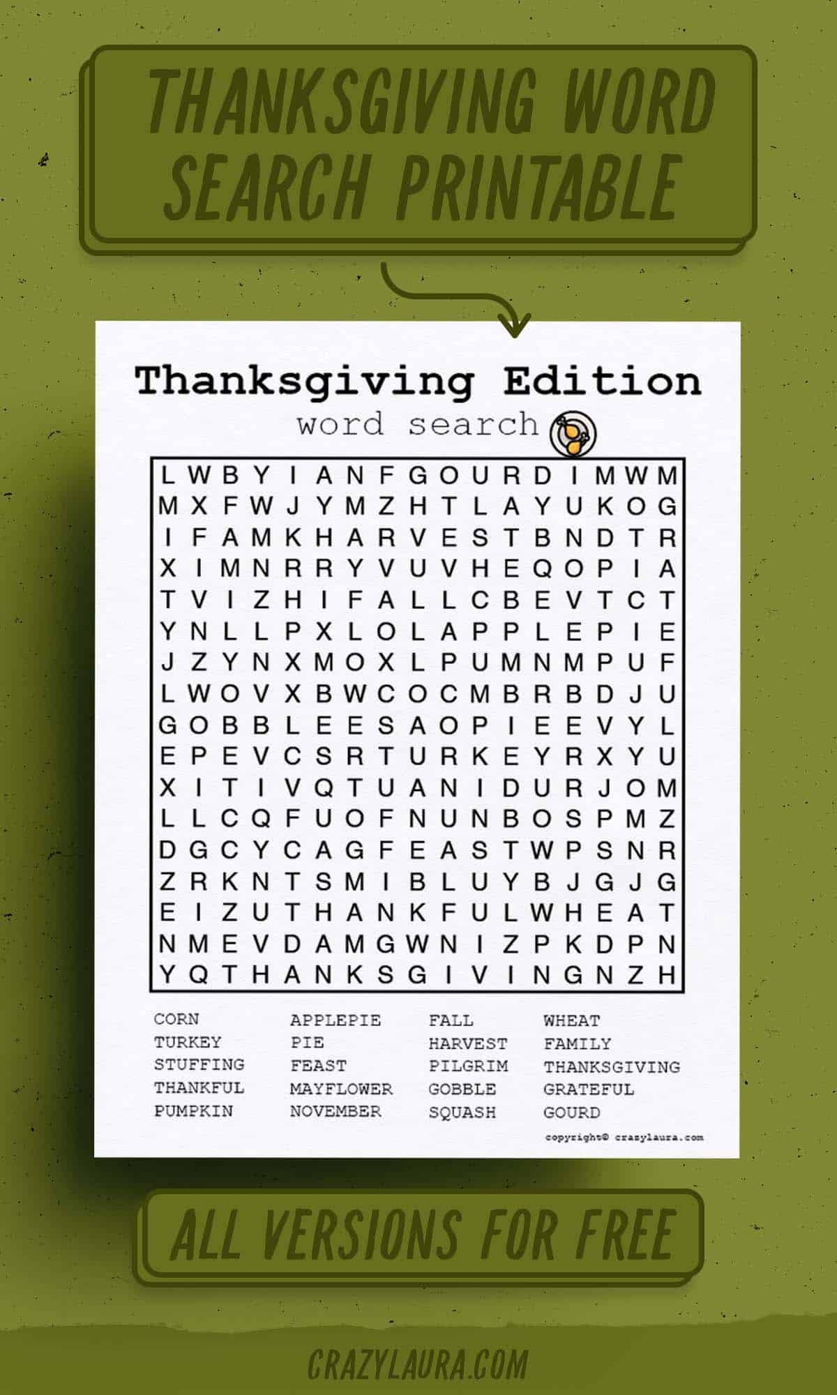 Free Thanksgiving Word Search Printable Game Sheets Crazy Laura