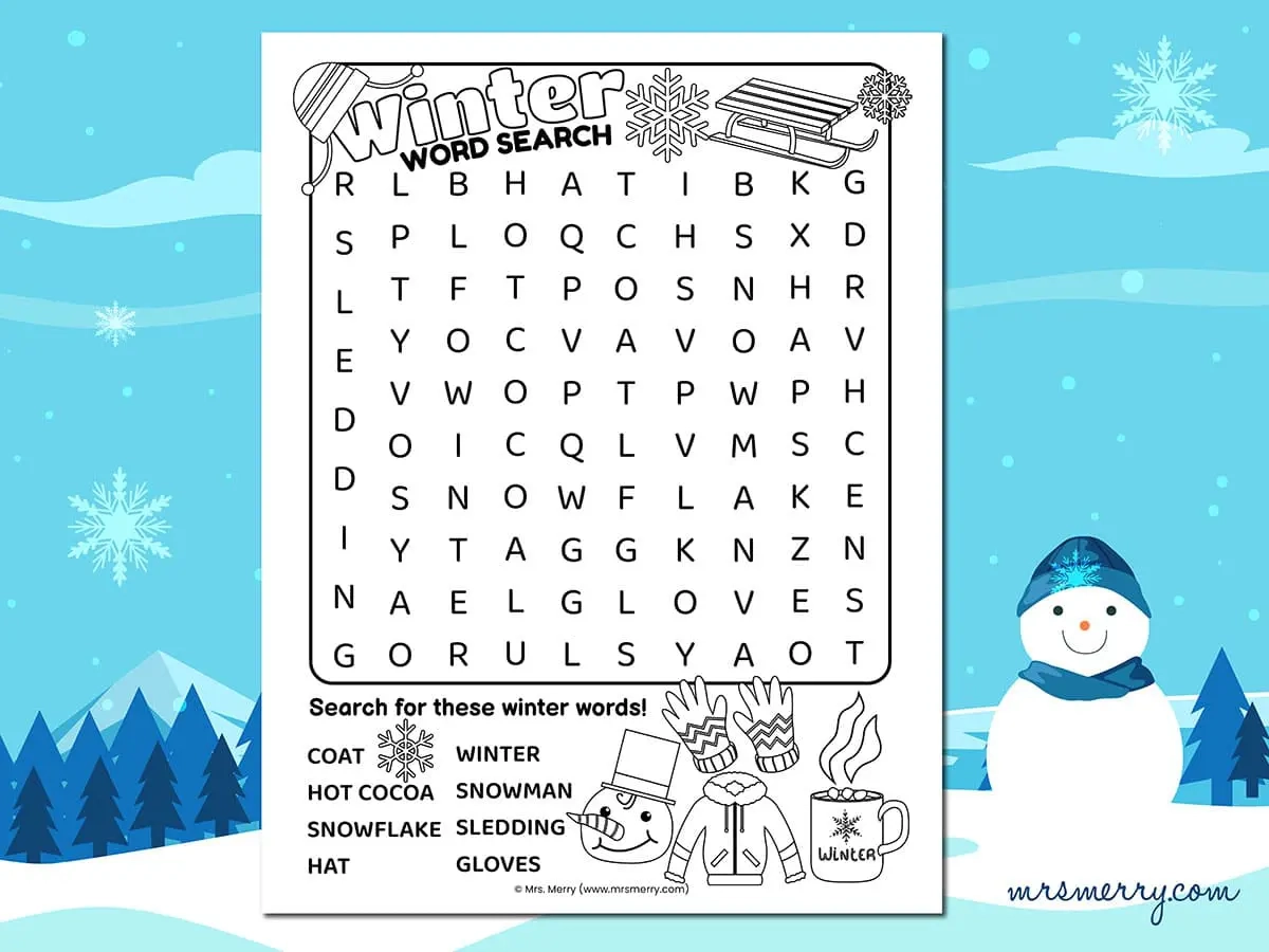 Winter Holiday Word Search Printable