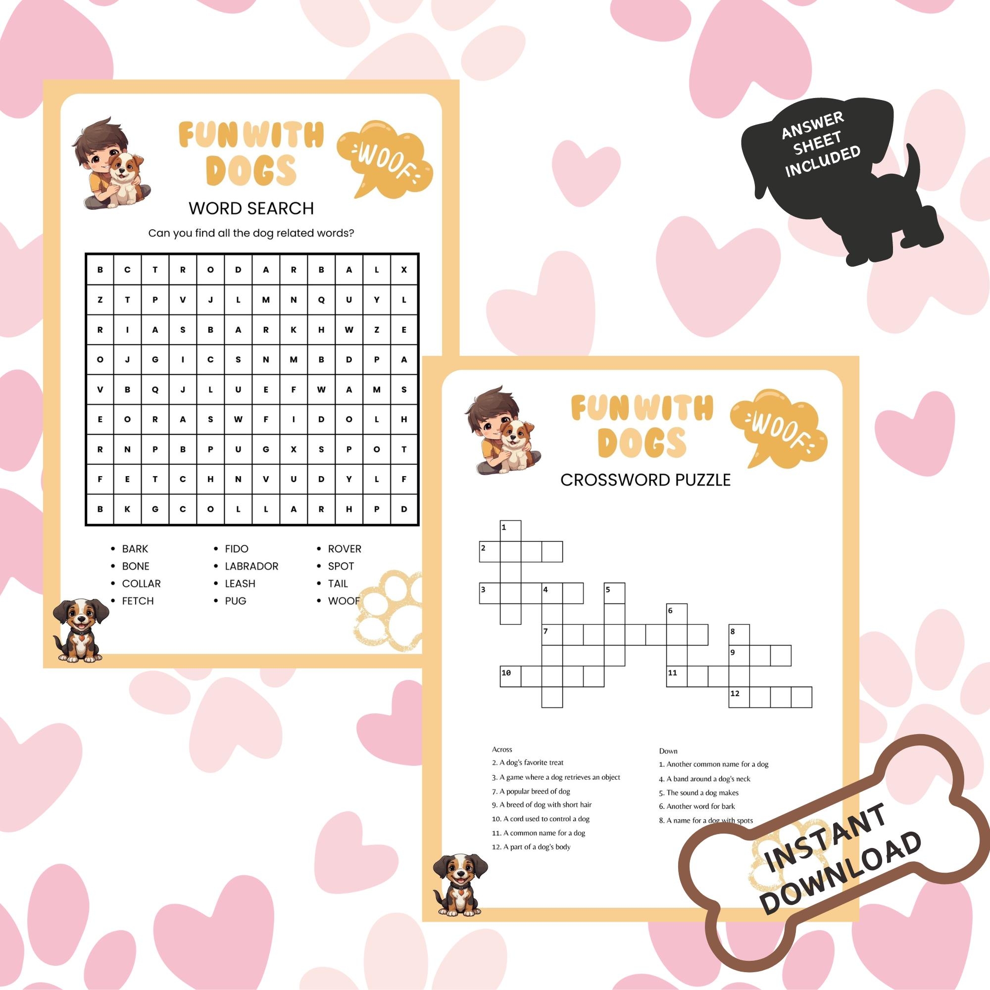Fun With Our Dog Lover s Puzzle Pack Digital Download Printable Dog Puzzles W answers Family Friendly Game Crossword U0026 Word Search PDF Etsy