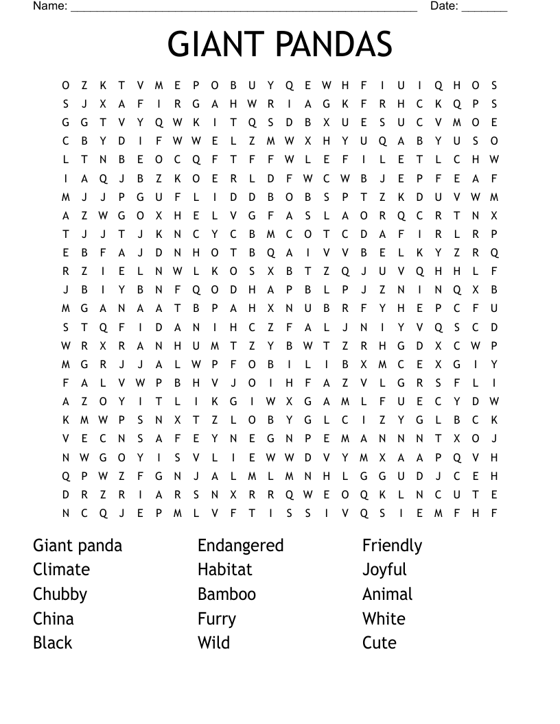 GIANT PANDA Word Search WordMint