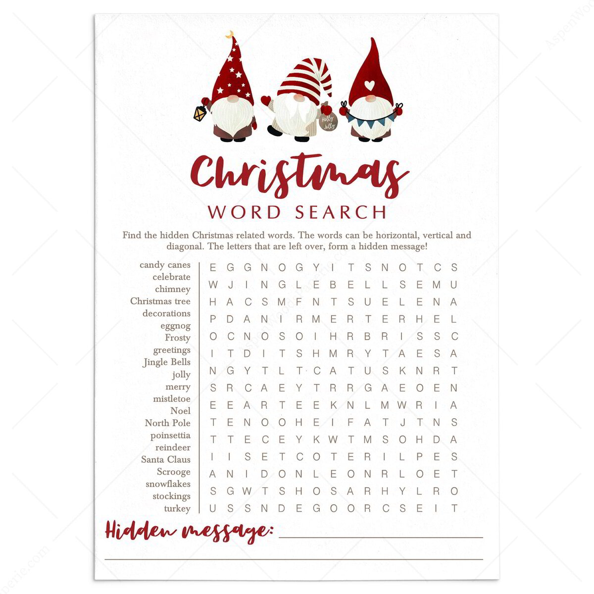 Gnomes Christmas Word Search Puzzle Kids And Adults