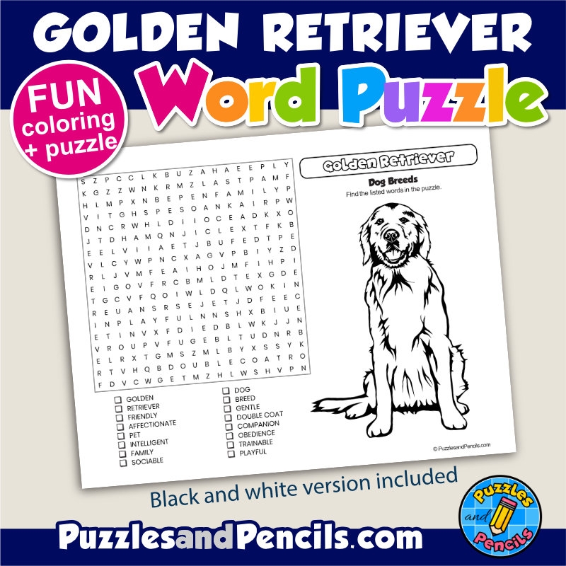 Golden Retriever Word Search Puzzle Activity Page And Coloring Dog Breeds Made By Teachers