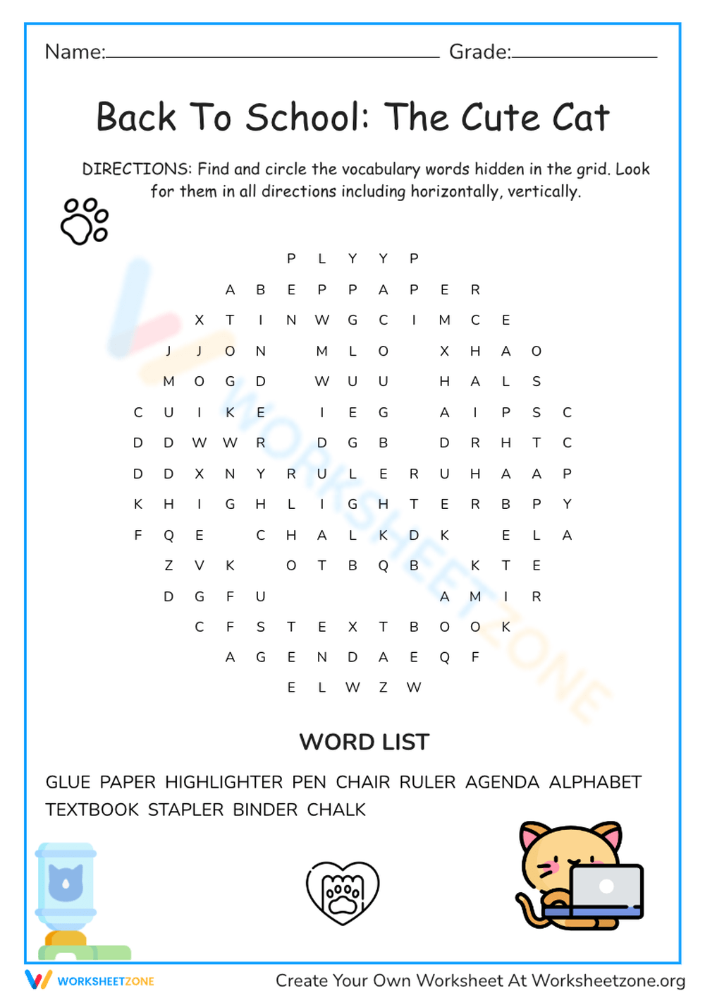 Grade 2 Cat Word Search