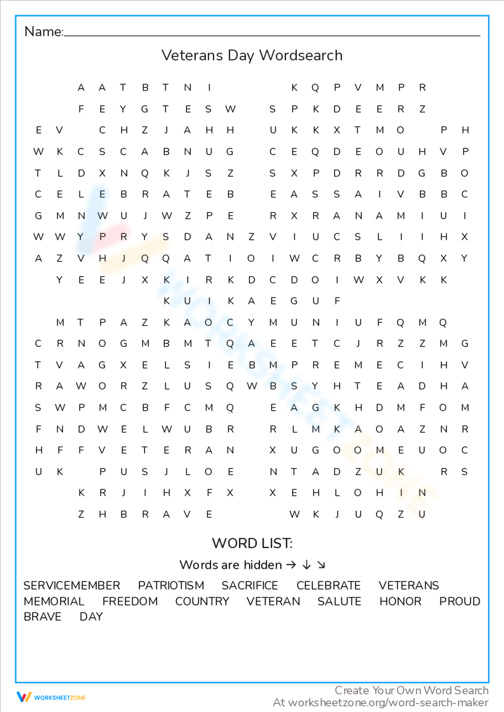 Grade 5 Veterans Day Word Search