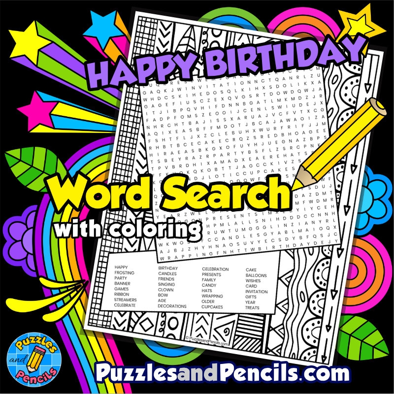 Happy Birthday Word Search Puzzle Activity Page With Coloring Wordsearch Made By Teachers