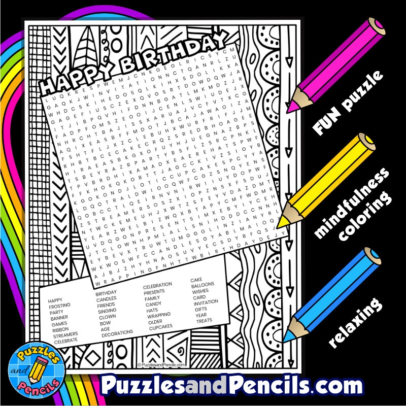 Happy Birthday Word Search Puzzle Activity Page With Coloring 