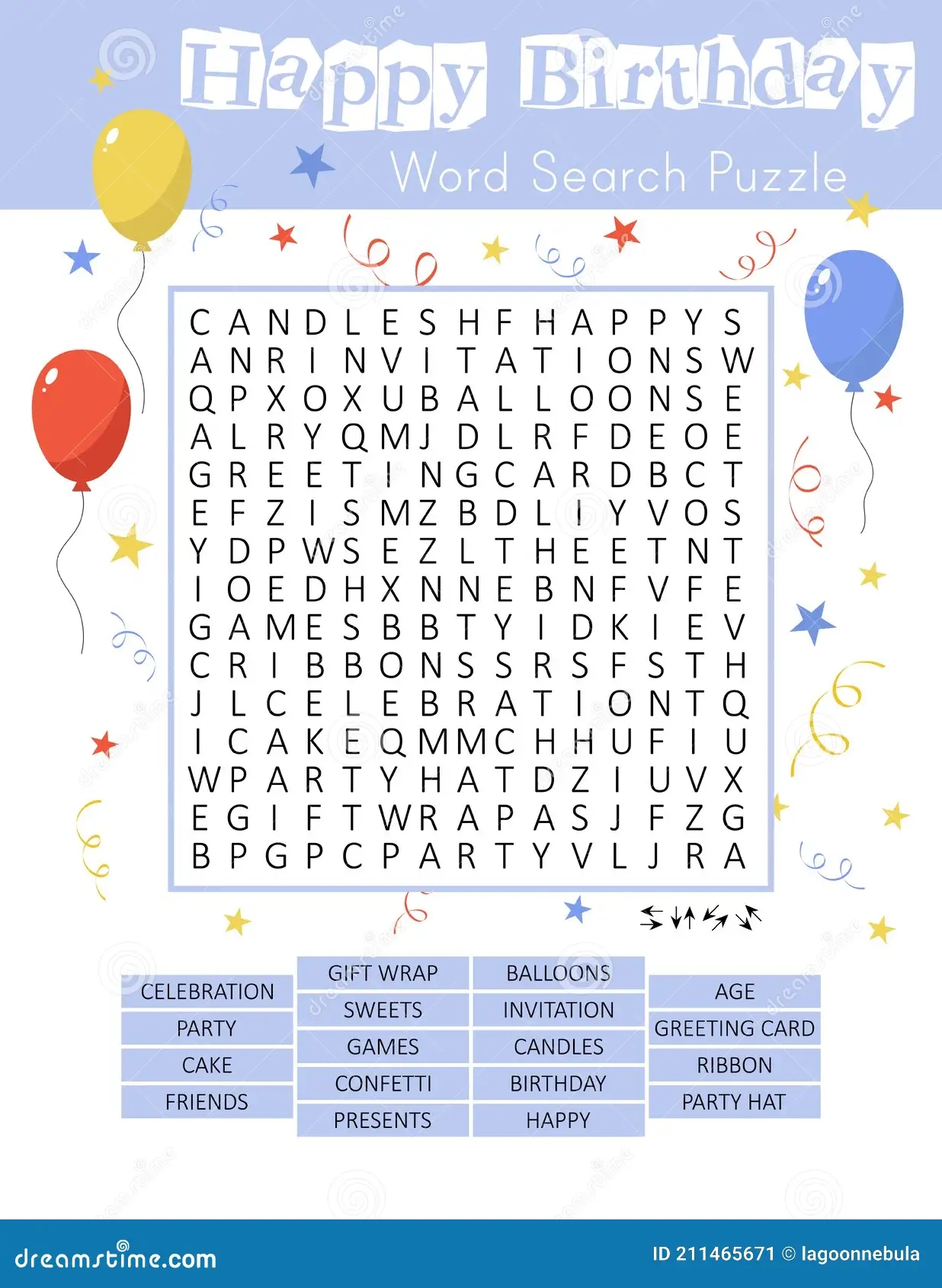 Happy Birthday Word Search Puzzle Educational Game For Kids Crossword Suitable For Social Media Post Stock Vector Illustration Of Brain Game 211465671
