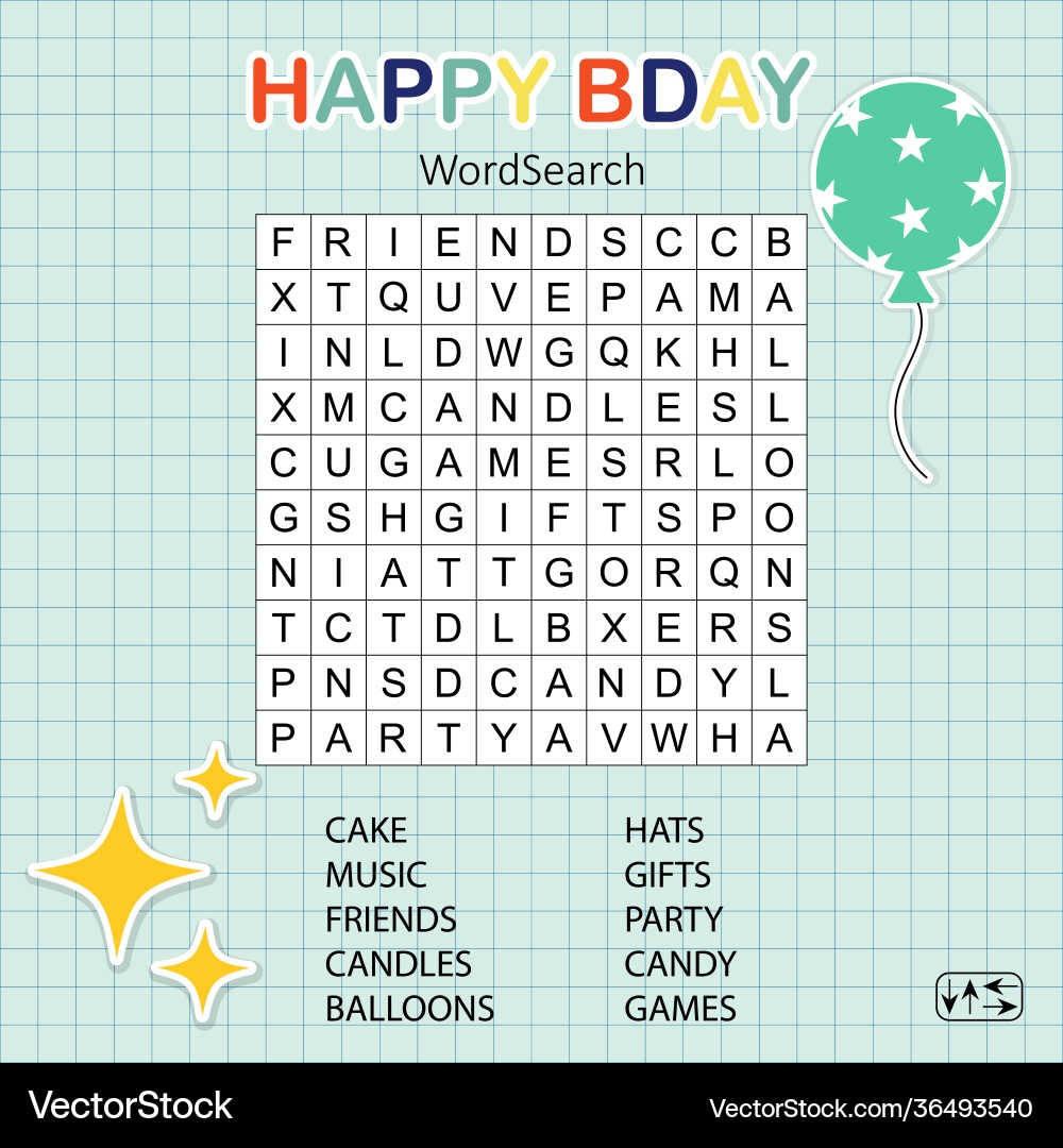 Happy Birthday Word Search Puzzle For Kids Vector Image