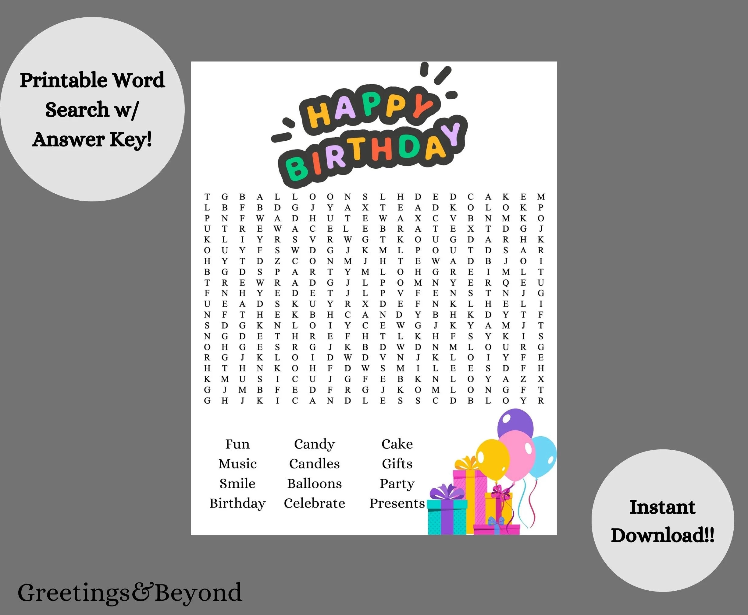 Happy Birthday Word Search With Answer Key Included Printable Letter Size Birthday Word Search Etsy