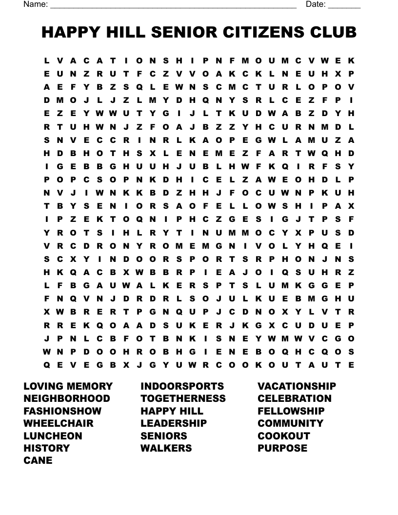 HAPPY HILL SENIOR CITIZENS CLUB Word Search WordMint