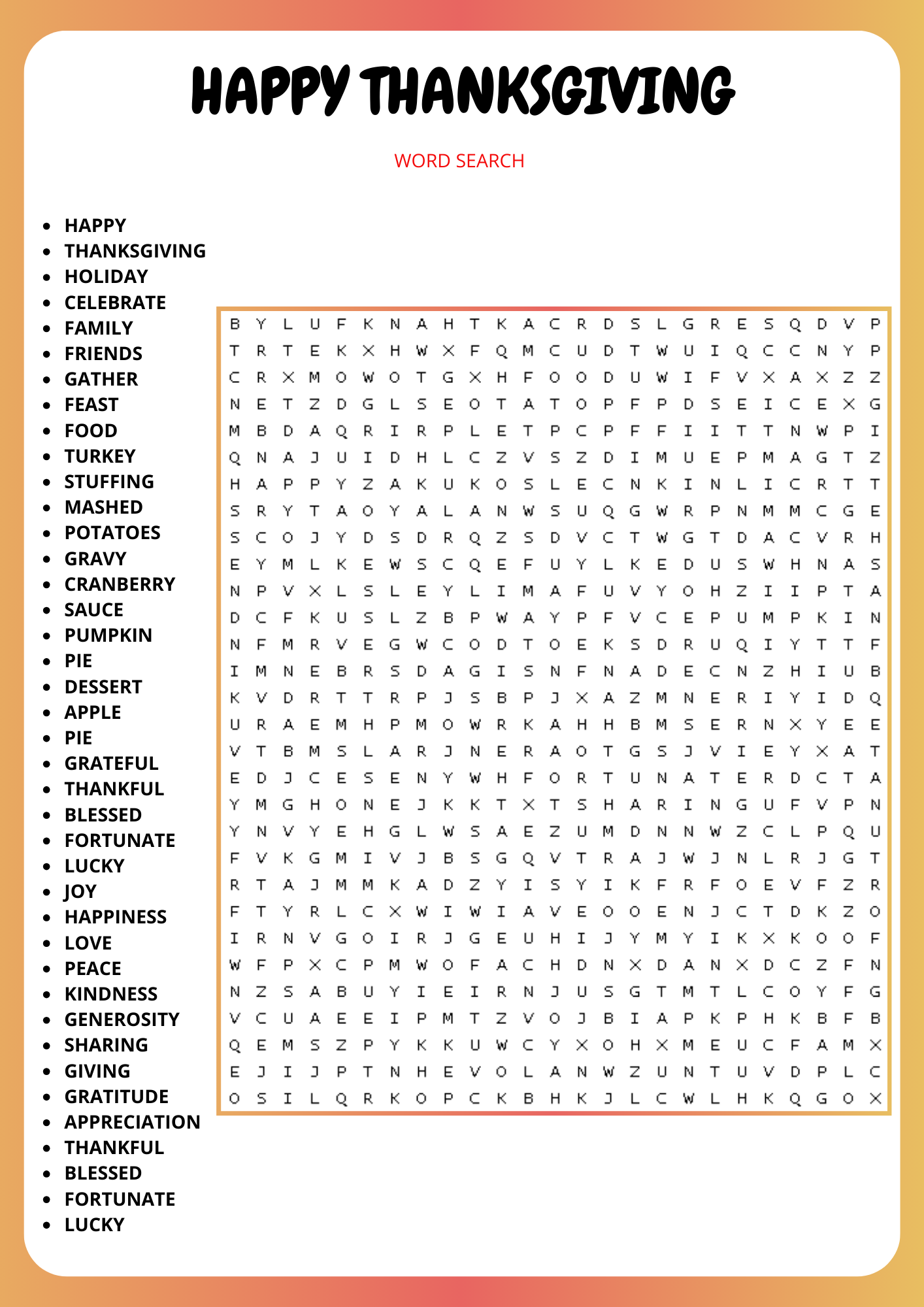 Thanksgiving Word Search Free Printables Kids