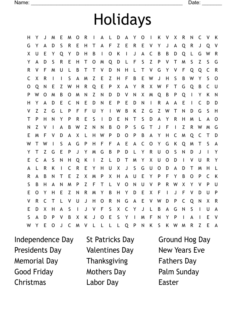 Holidays Word Search WordMint
