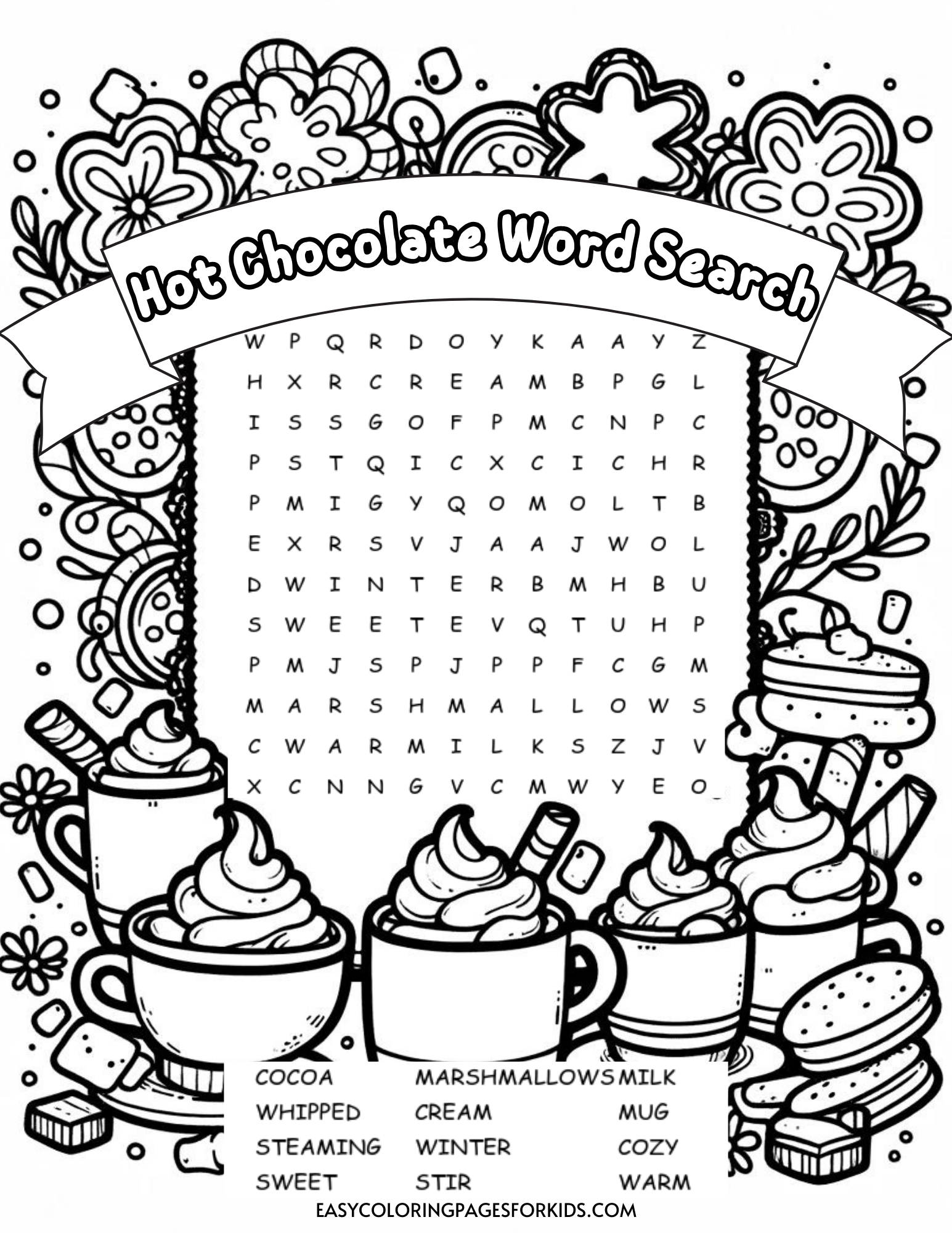 Hot Chocolate Word Search For Kids Free Printable Easy Coloring Pages For Kids