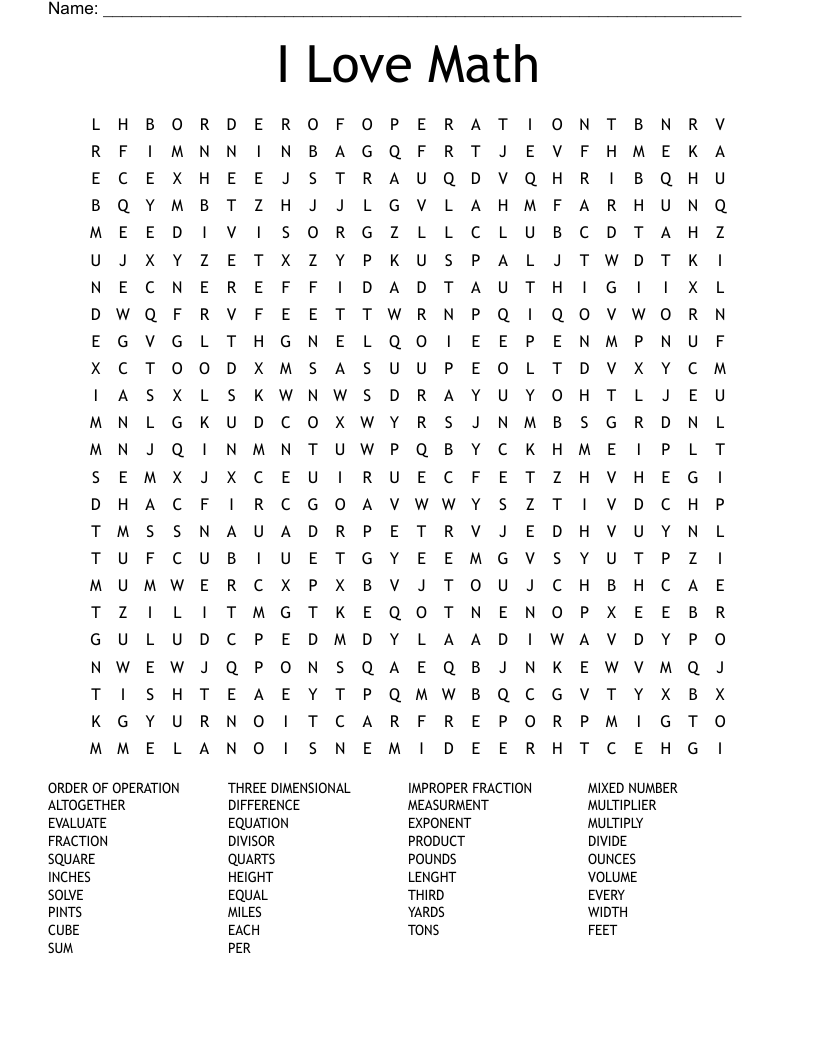 Printable Math Word Search Puzzles