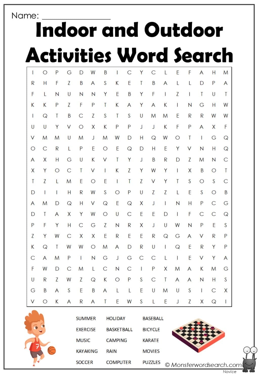 Indoor And Outdoor Activities Word Search Monster Word Search